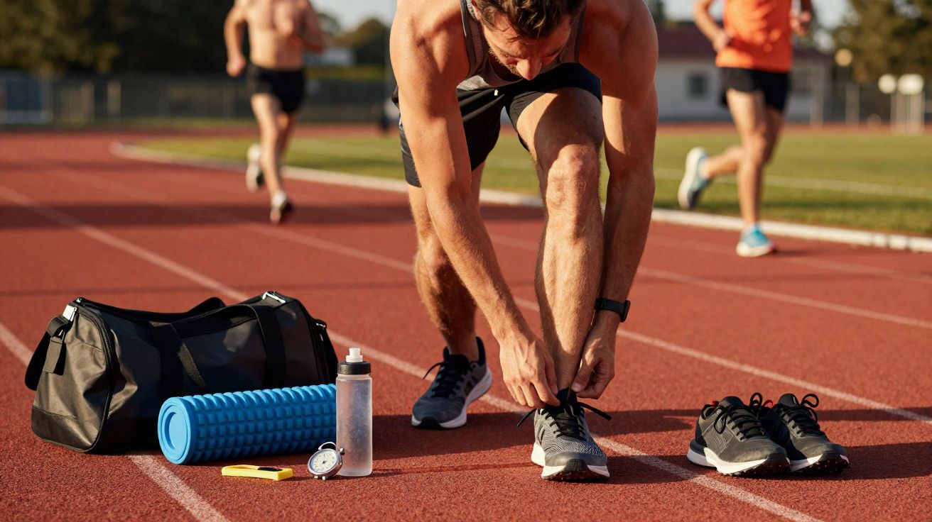 Atleta a preparar-se para corrida numa pista, amarrando os ténis, com acessórios de treino ao lado.