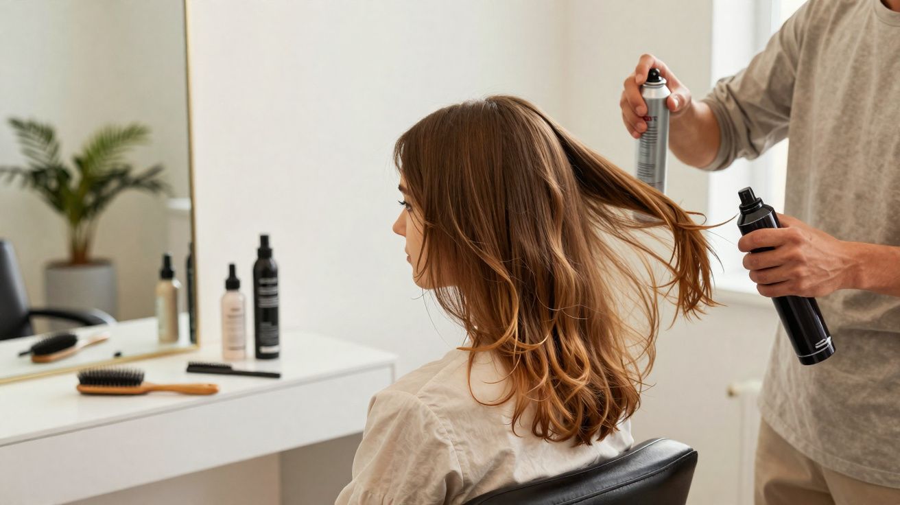 Mulher sentada num salão de cabeleireiro enquanto estilista aplica spray no cabelo castanho ondulado.