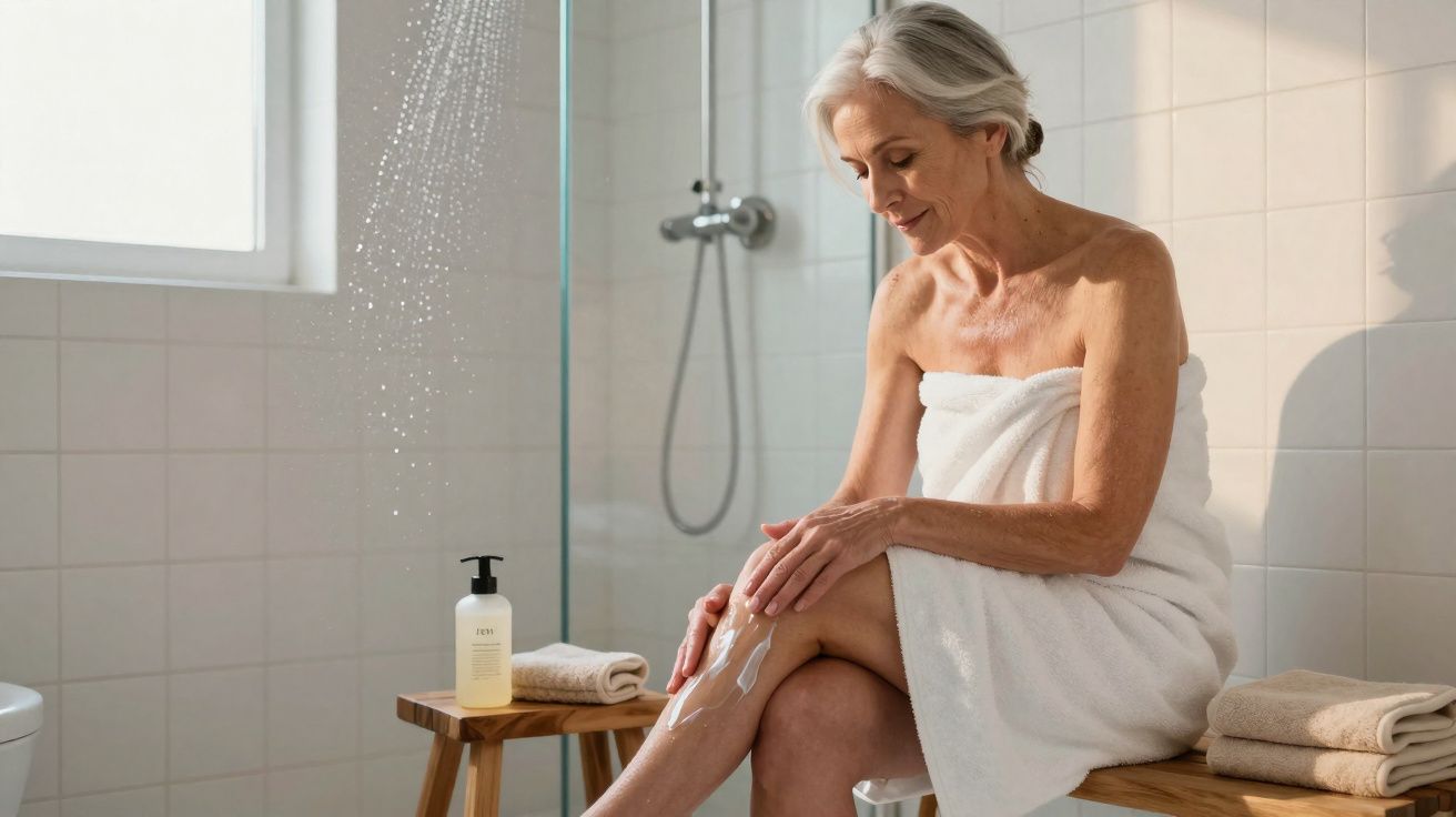 Mulher idosa envolve-se com toalha branca, aplica creme nas pernas sentada numa casa de banho moderna.