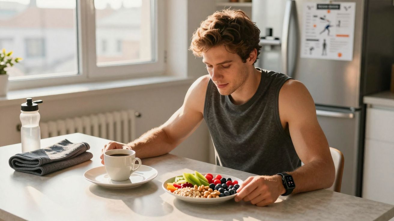 Homem sentado à mesa a beber café e a olhar para um prato com frutas e granola na cozinha.