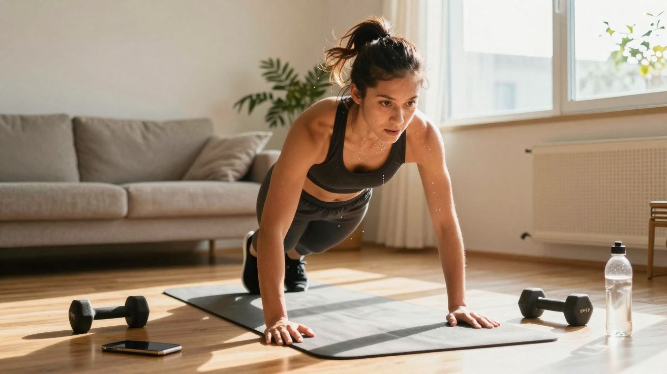 Mulher a fazer flexões num tapete de exercício numa sala iluminada com halteres, garrafa de água e telemóvel.