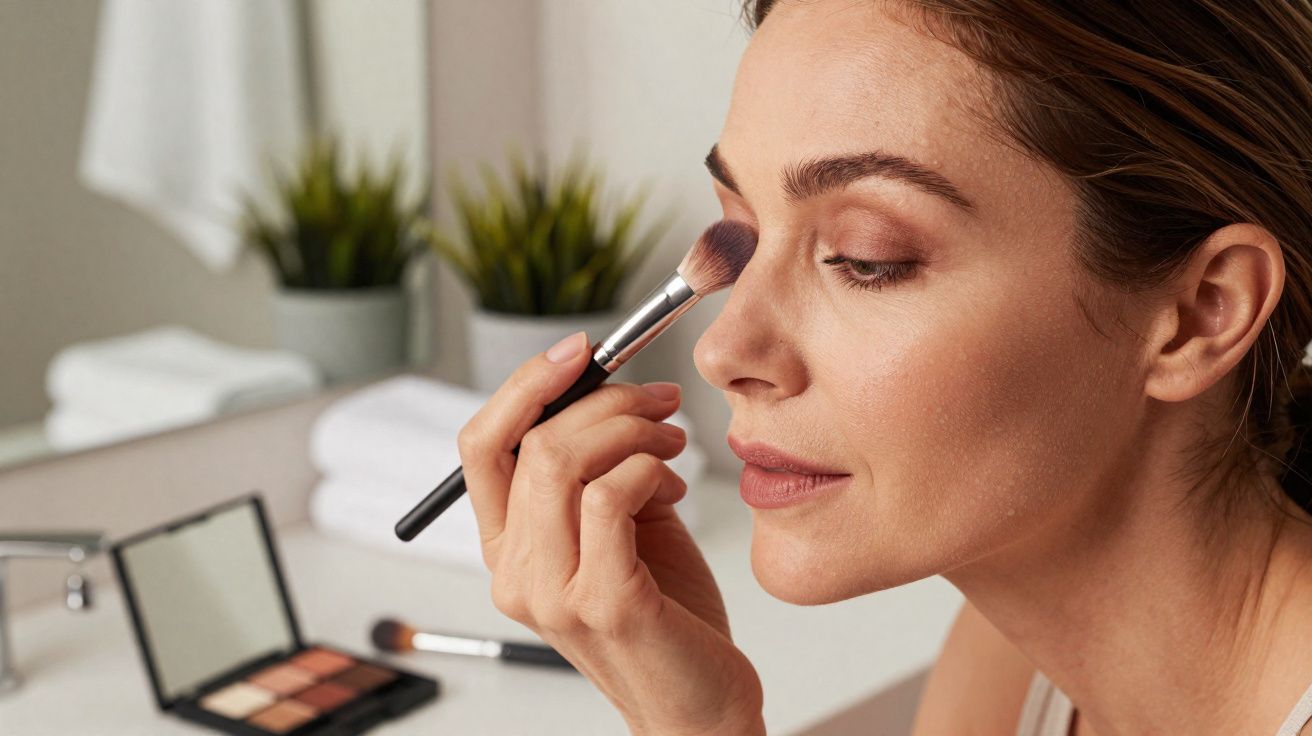 Mulher a aplicar maquilhagem nos olhos com pincel perto de um espelho numa casa de banho.