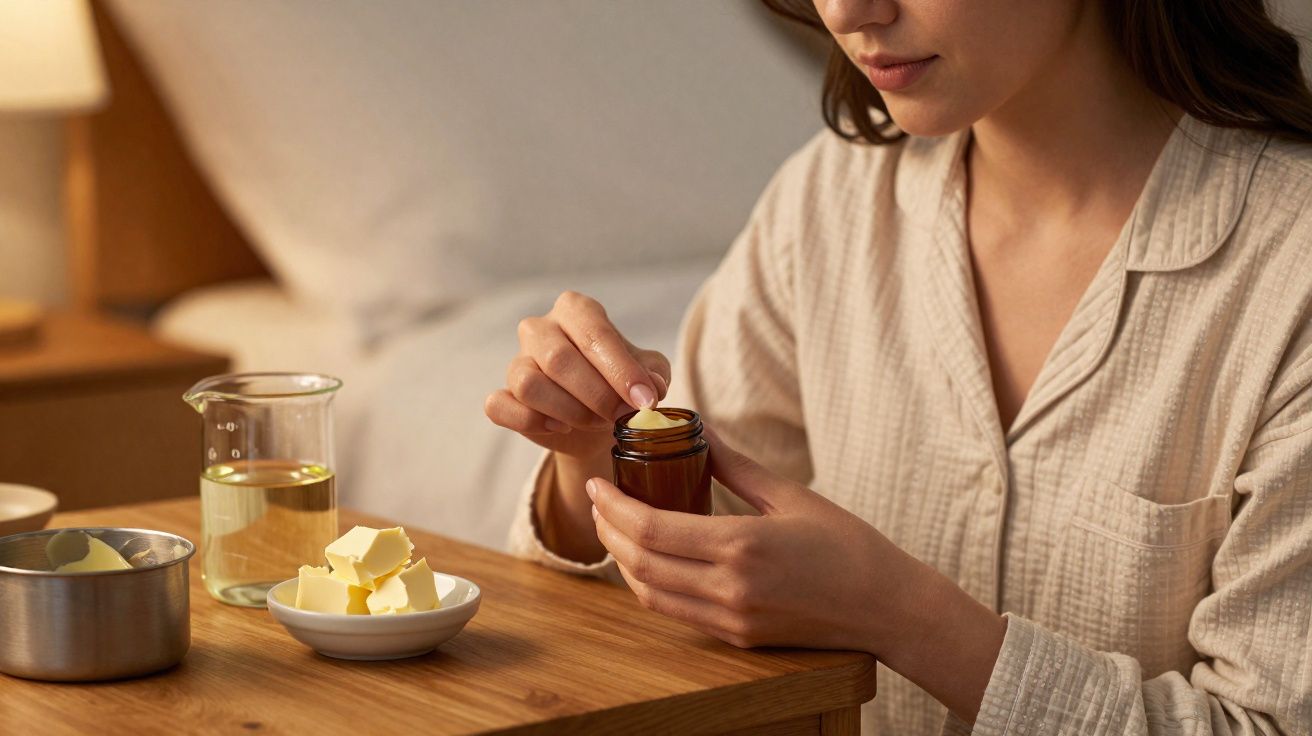 Mulher em pijama a colocar creme nos dedos junto a uma mesa com óleo e manteiga em potes.