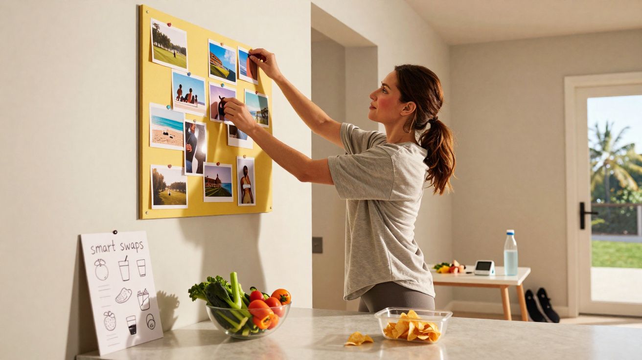 Mulher pendura fotografias num mural amarelo numa cozinha moderna com frutas e legumes na bancada.