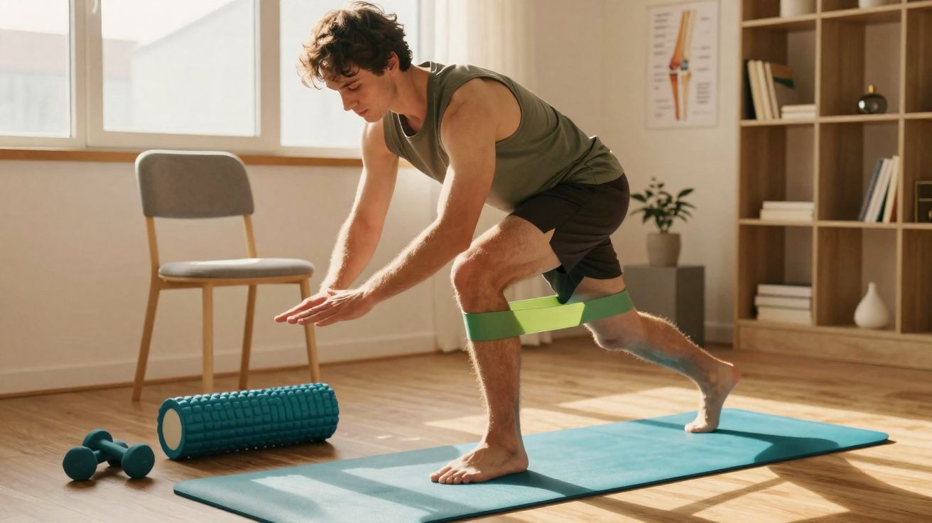Homem jovem a fazer exercício com elástico de resistência numa sala iluminada e organizada.