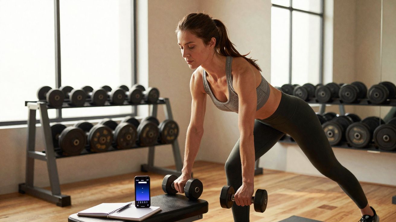 Mulher a treinar com halteres numa posição de exercício, em ginásio iluminado com janelas grandes.