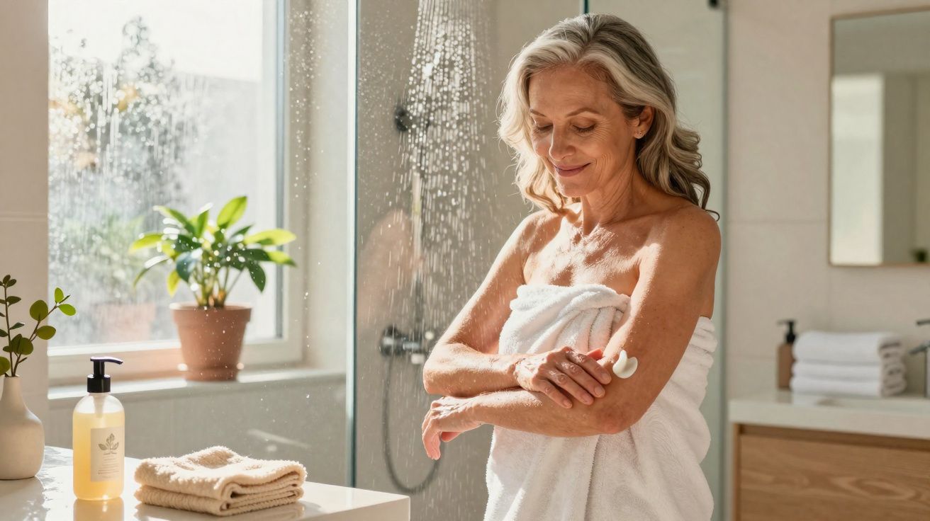 Mulher com toalha branca aplica creme hidratante no braço numa casa de banho iluminada pela luz natural.