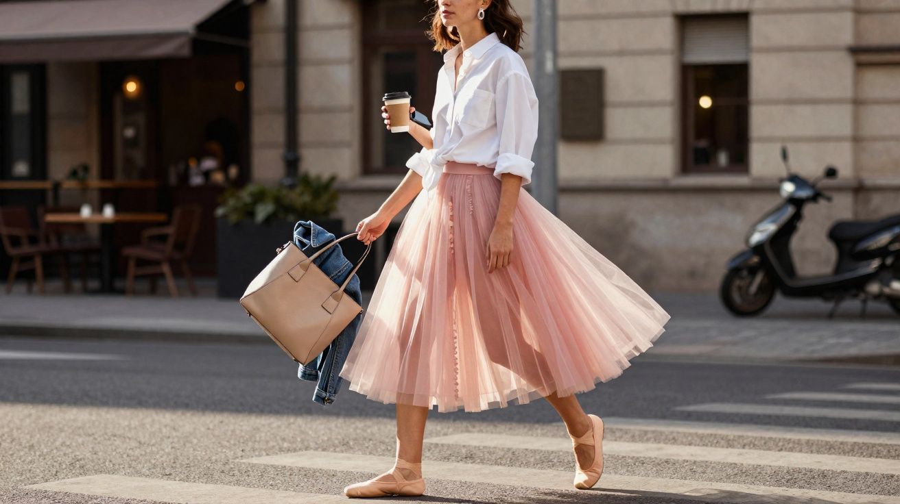 Mulher de saia rosa esvoaçante e camisa branca a atravessar passadeira numa rua urbana.