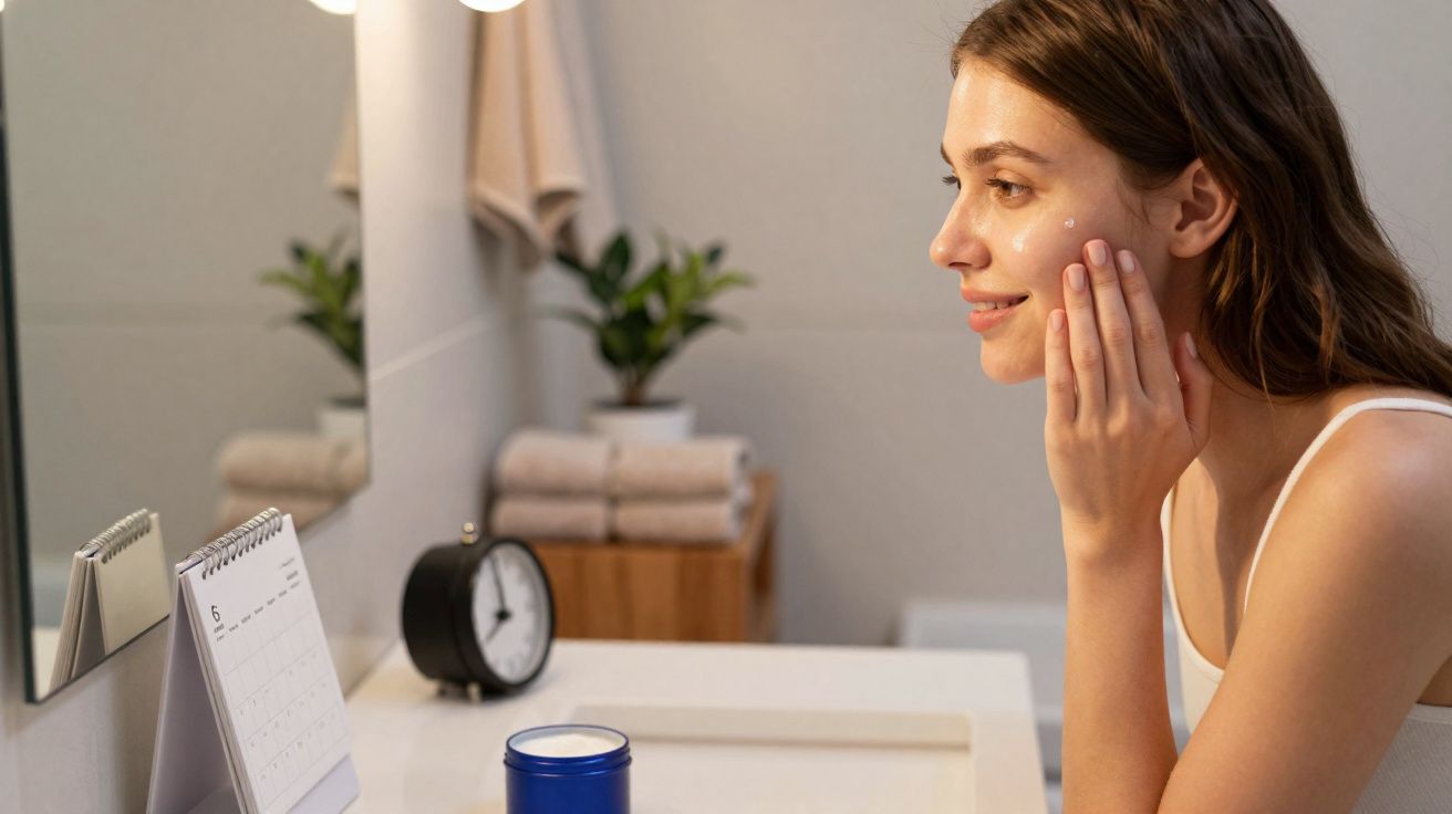 Mulher sorridente a aplicar creme no rosto em frente ao espelho numa casa de banho organizada.