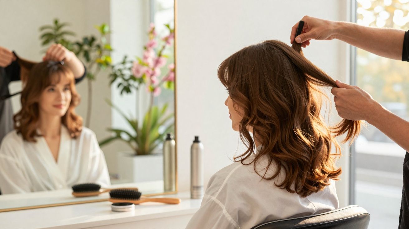 Mulher sentada no salão a receber tratamento de cabelo por cabeleireiro, rosto refletido no espelho.