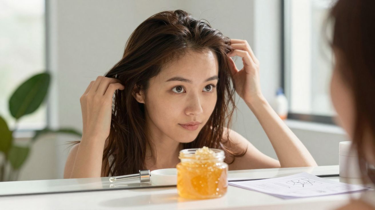 Mulher a pentear o cabelo enquanto se olha ao espelho numa casa de banho luminosa.