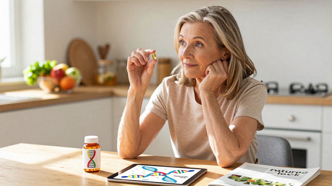 Mulher idosa sentada à mesa a olhar para um comprimido de suplemento nutricional com imagem de ADN.