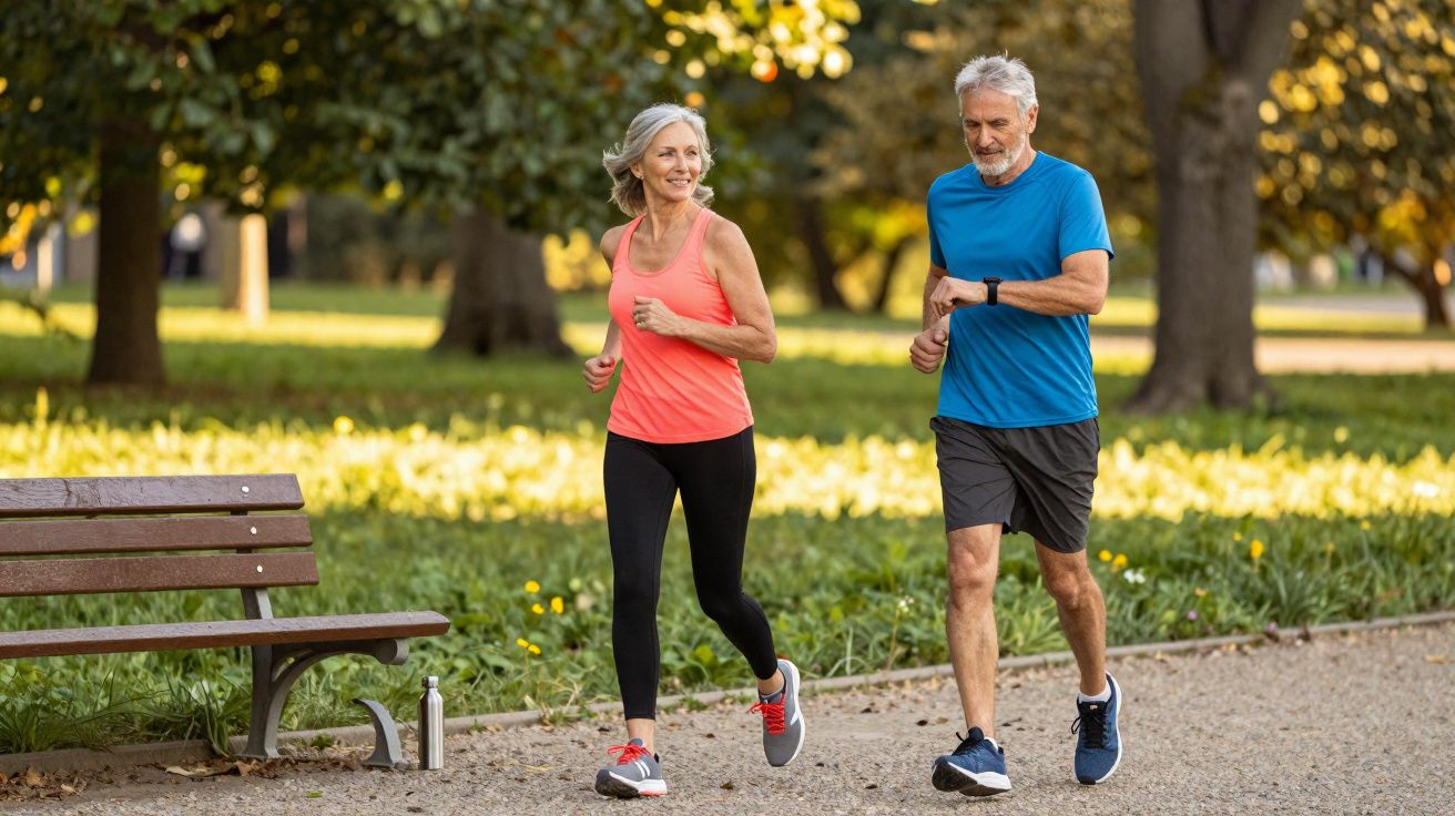 Casal sénior a correr no parque num dia ensolarado, com uma garrafa de água ao lado de um banco.