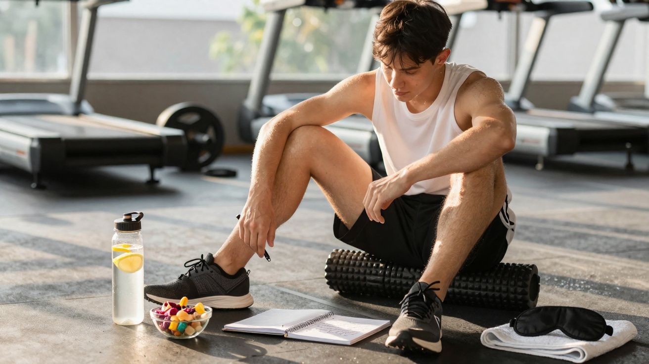 Jovem sentado no ginásio, a usar rolo de massagem, a olhar para caderno aberto, com garrafa de água e fruta ao lado.