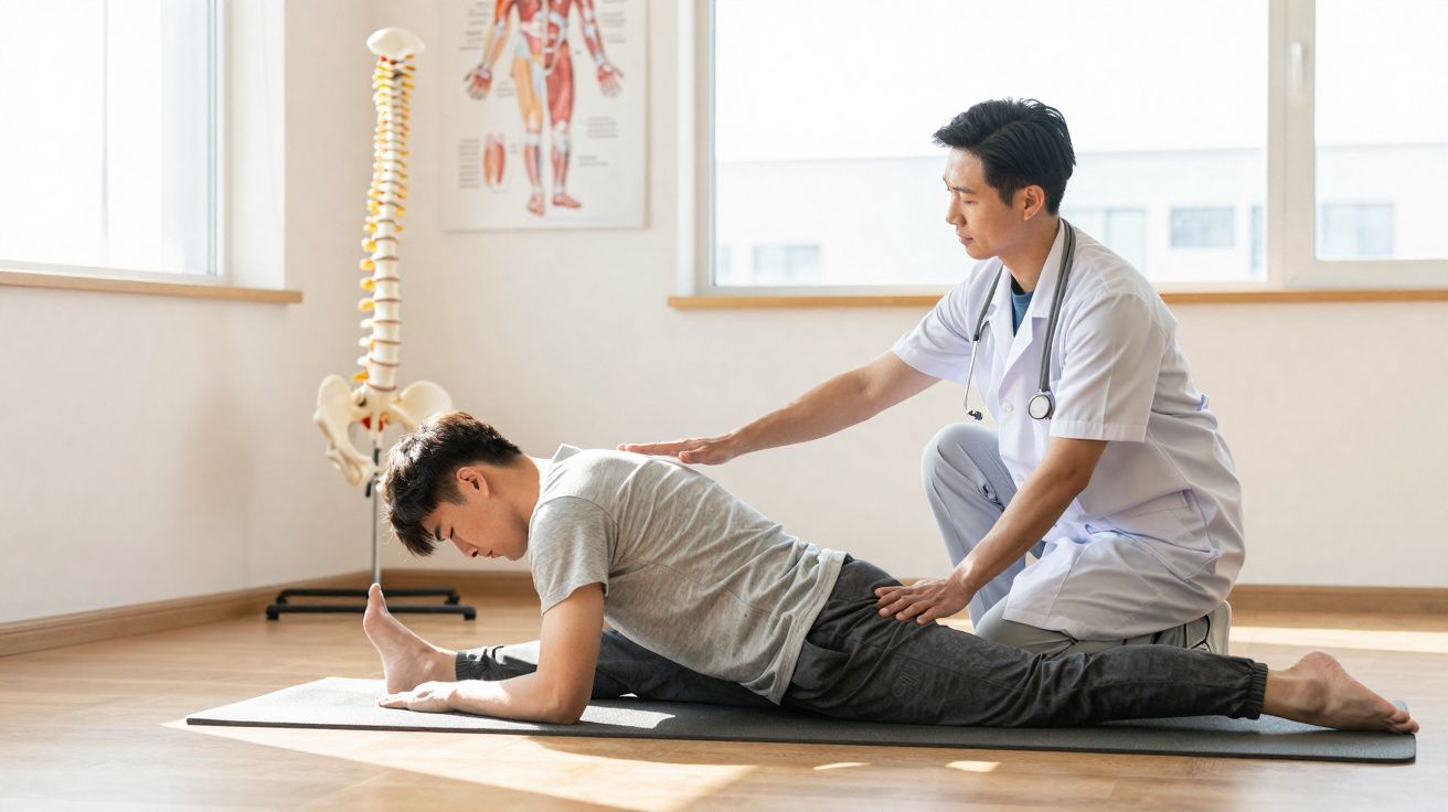 Fisioterapeuta ajuda paciente em exercício de alongamento num consultório com modelo da coluna vertebral.