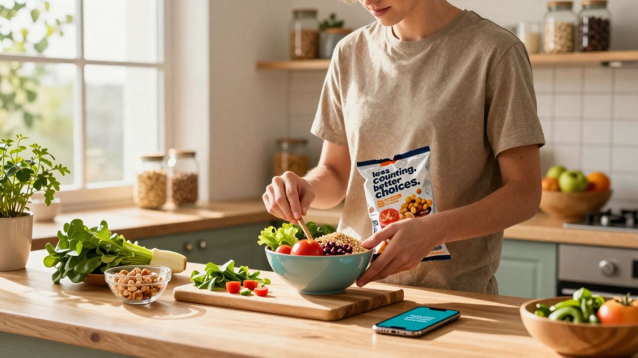 Pessoa a preparar uma salada saudável na cozinha, com legumes frescos e smartphone sobre a bancada.