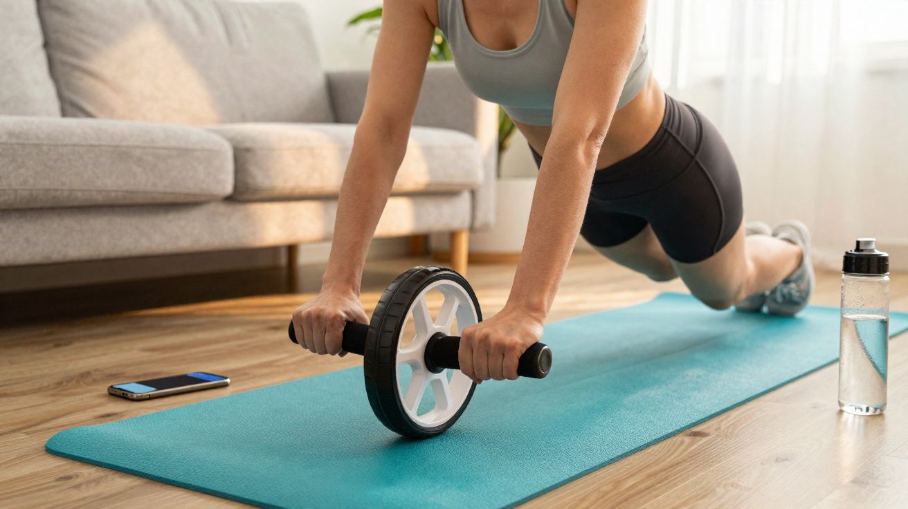 Pessoa a fazer exercício com roda abdominal numa sala, com tapete azul, garrafa de água e telemóvel.