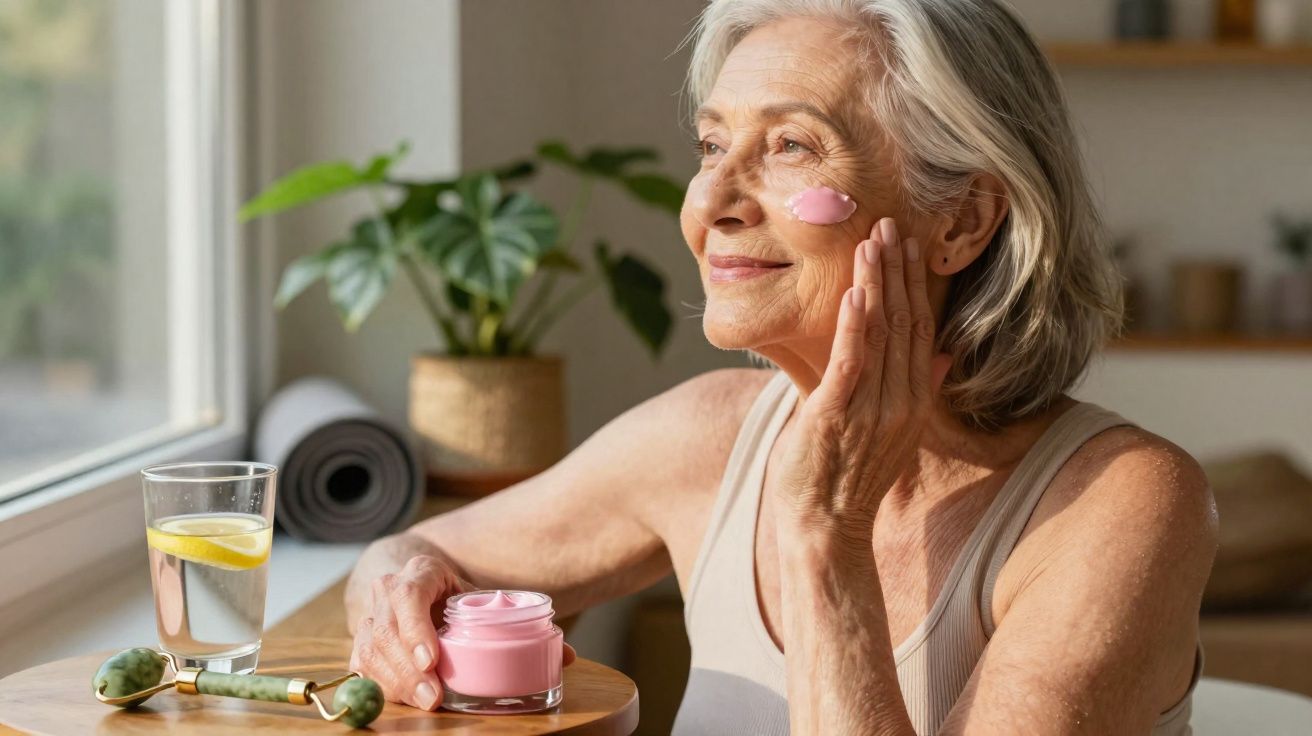Mulher idosa a aplicar creme hidratante no rosto, sentada junto à janela com copo de água e rolo de massagem.