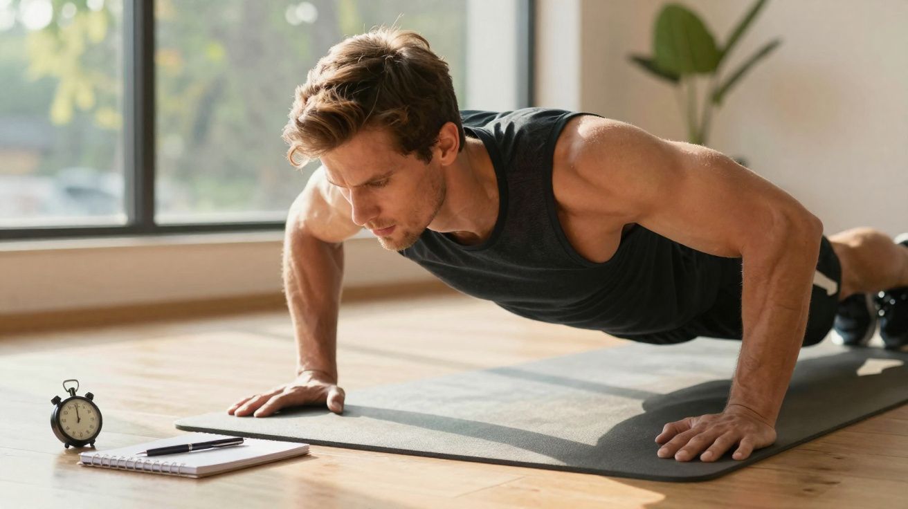 Homem a fazer flexões num tapete de exercício com relógio e caderno ao lado, em ambiente interior.