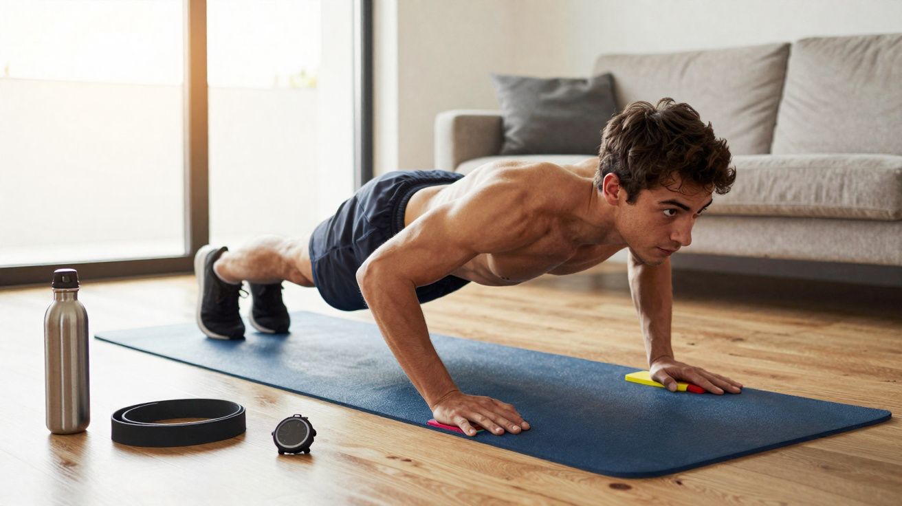 Homem a fazer flexões numa manta azul numa sala de estar com garrafa e acessórios no chão.