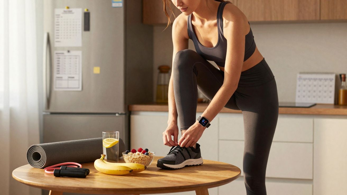 Mulher vestida com roupa desportiva a calçar ténis numa cozinha com alimentos saudáveis numa mesa.