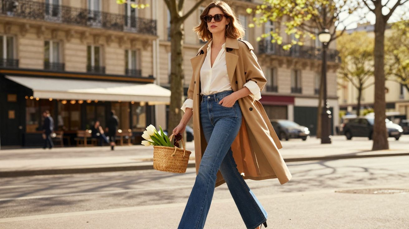 Mulher de cabelo curto e ondulado passa na rua com trench coat bege, calças de ganga e cesto com flores brancas.