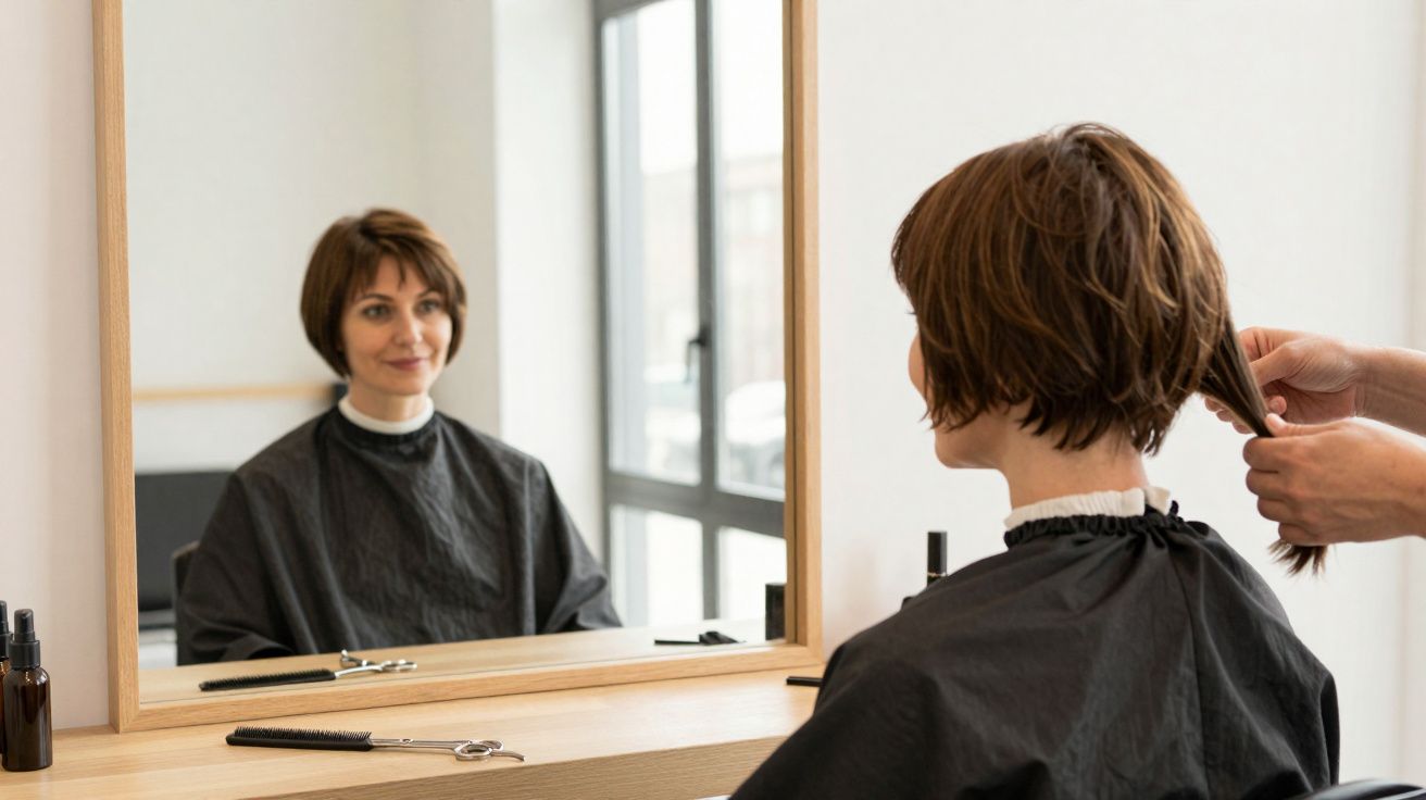 Mulher sentada no cabeleireiro, com capa preta, vê o seu cabelo curto no espelho enquanto o profissional o penteia.
