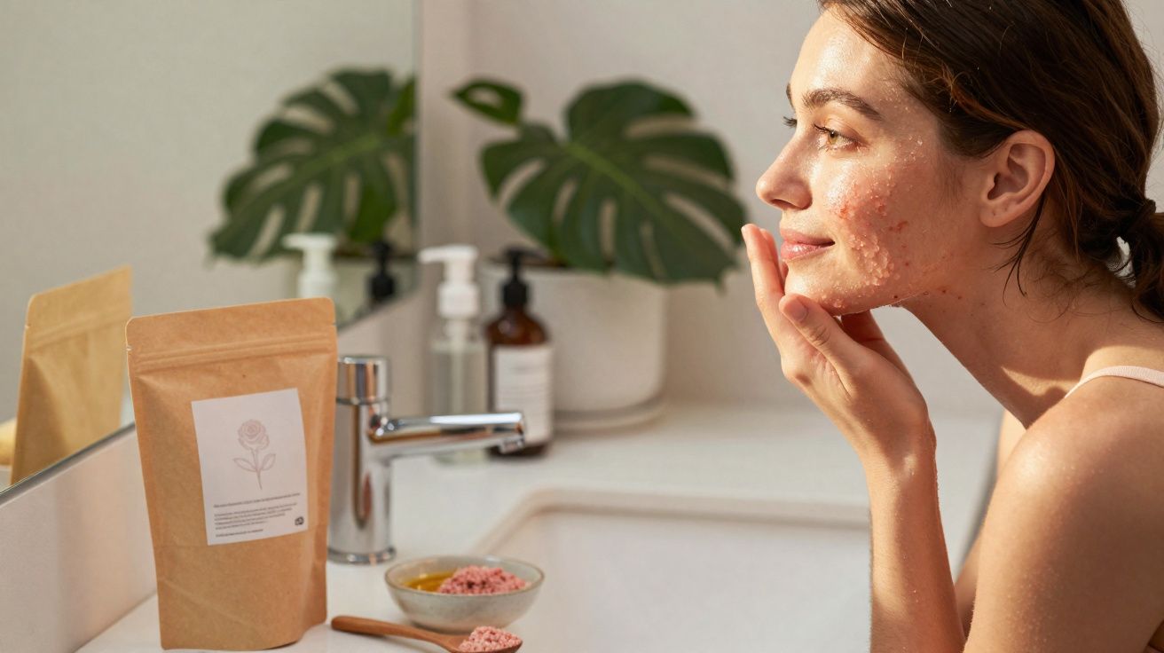 Mulher aplica esfoliante facial em pele com acne junto a produtos no lavatório moderno.