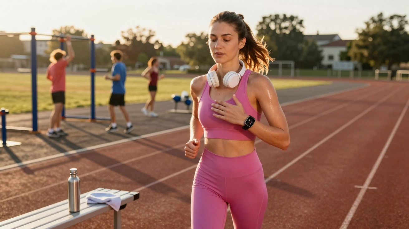Mulher a correr na pista de atletismo com roupa desportiva rosa e auscultadores brancos ao pescoço.