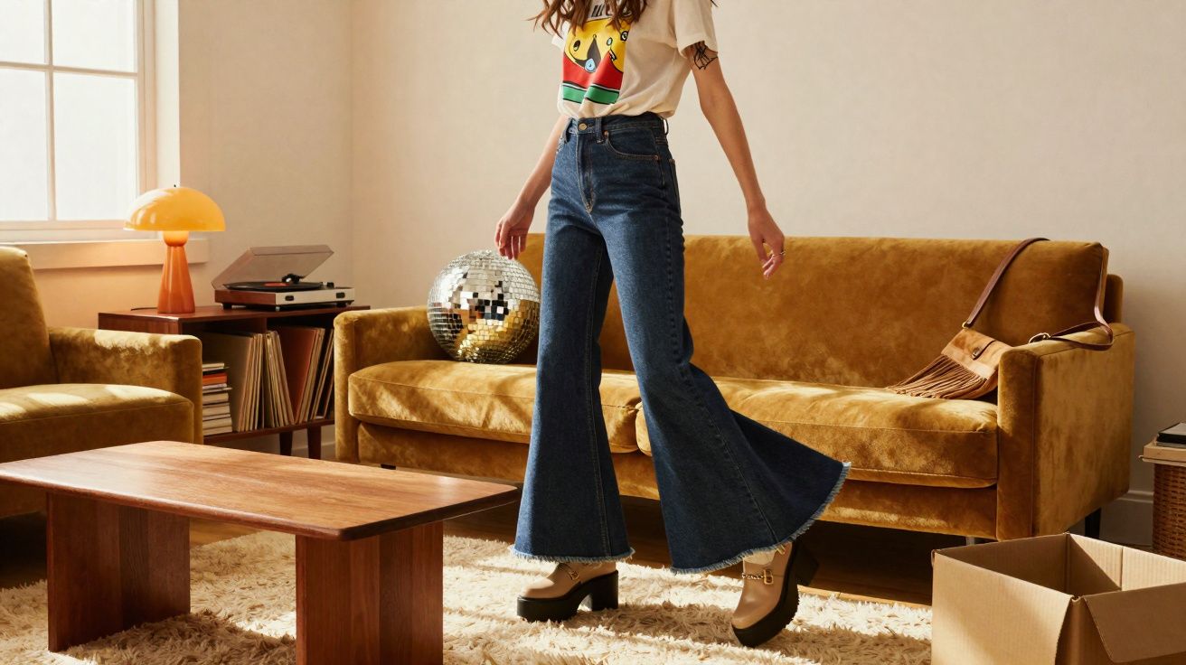 Mulher de calças de ganga largas e sapatos de plataforma numa sala com sofá castanho e disco de espelhos.