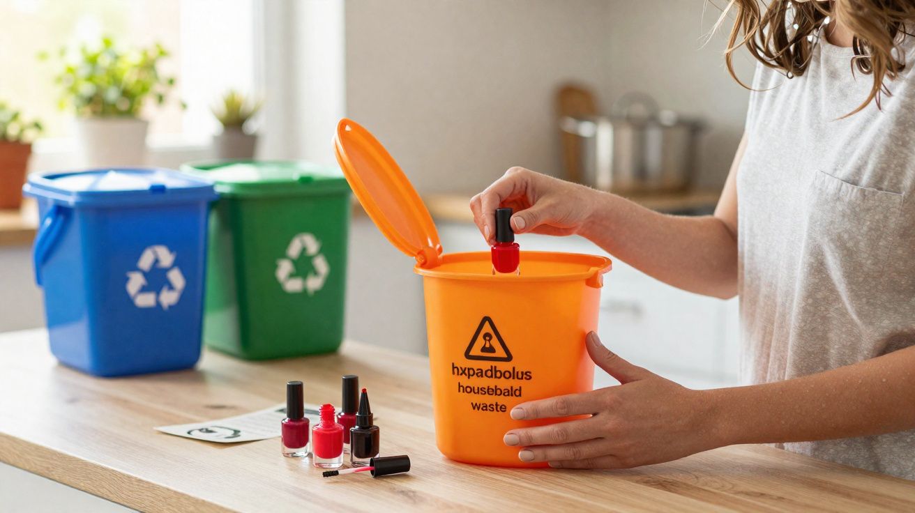 Pessoa a deitar verniz de unhas num pequeno balde laranja, com caixotes de reciclagem ao fundo numa cozinha.