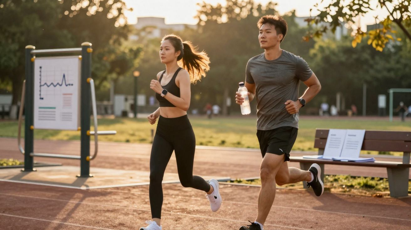 Dois jovens a correr num parque ao ar livre ao pôr do sol, um segura uma garrafa de água.