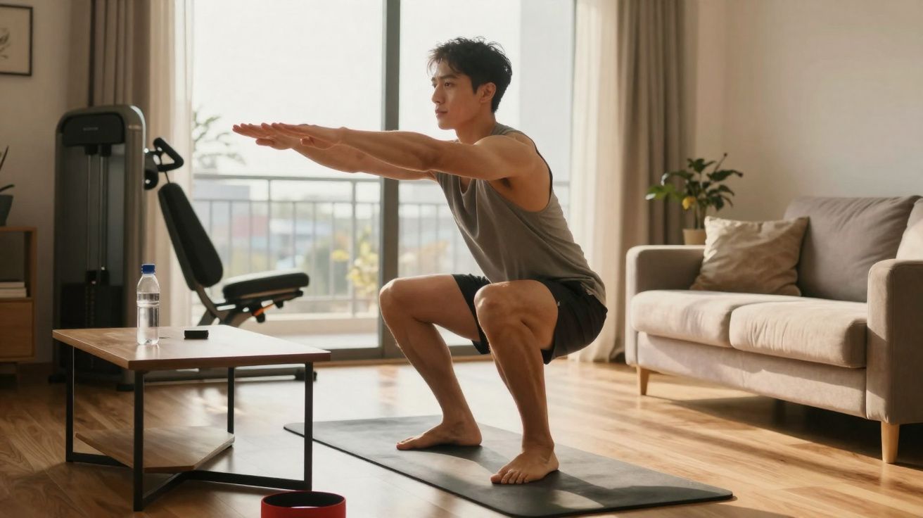 Homem em roupa desportiva a fazer agachamentos numa sala com luz natural e mobiliário moderno.