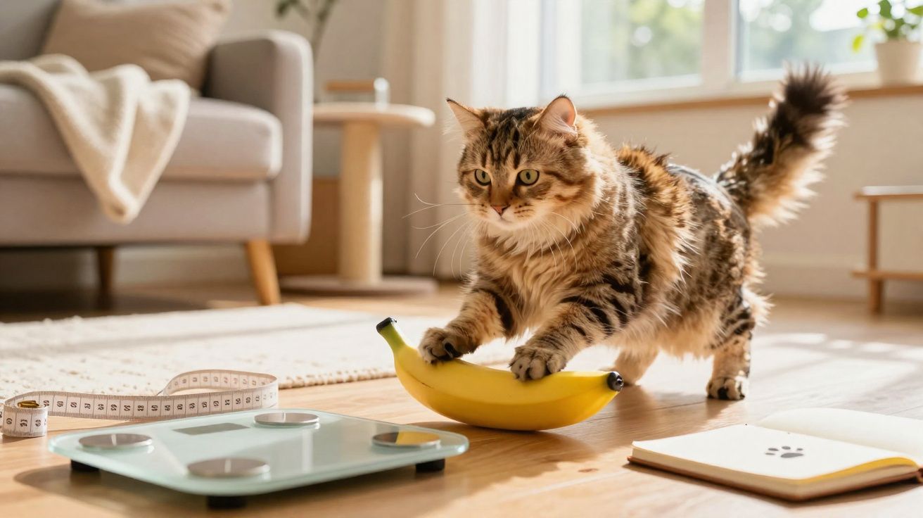 Gato filhote com patas numa banana numa sala com balança, fita métrica e bloco de notas no chão de madeira.