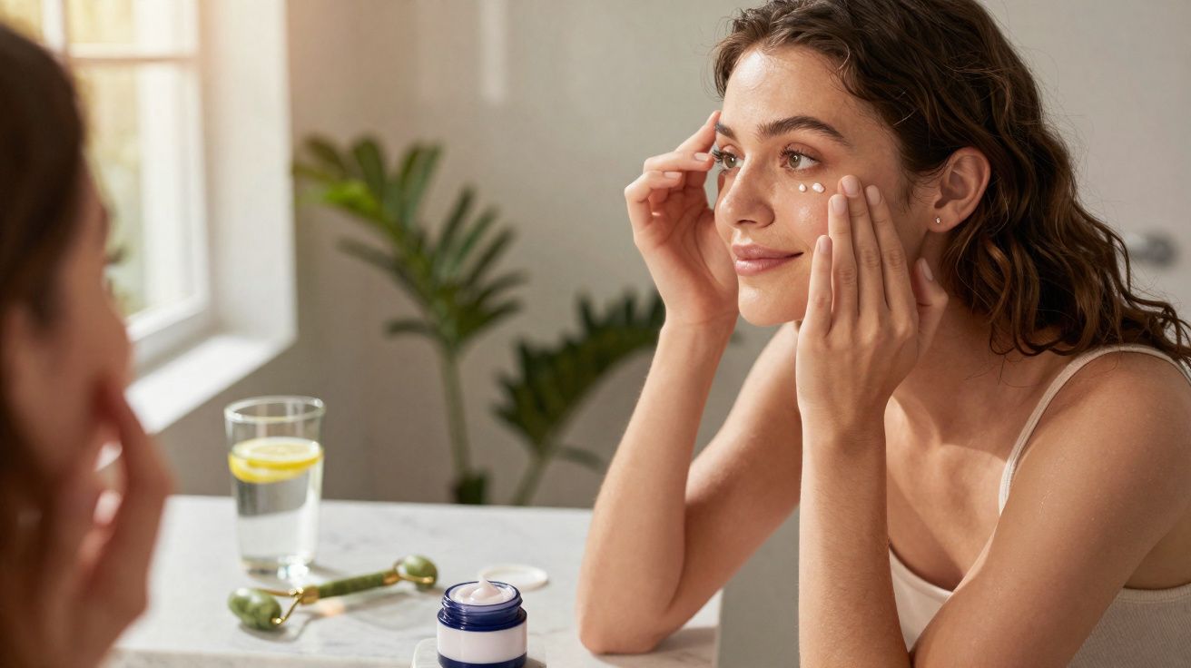 Mulher a aplicar creme hidratante no rosto sentada à frente de um espelho num ambiente luminoso.