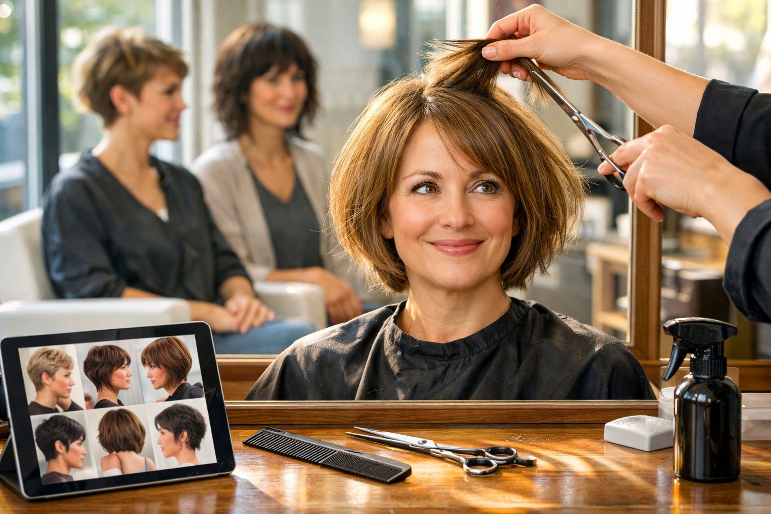 Mulher sorridente a cortar cabelo num cabeleireiro com revista digital de cortes ao lado.