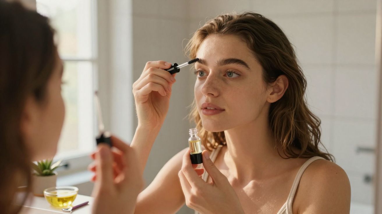 Mulher a aplicar sérum facial com conta-gotas em frente ao espelho numa casa de banho iluminada.
