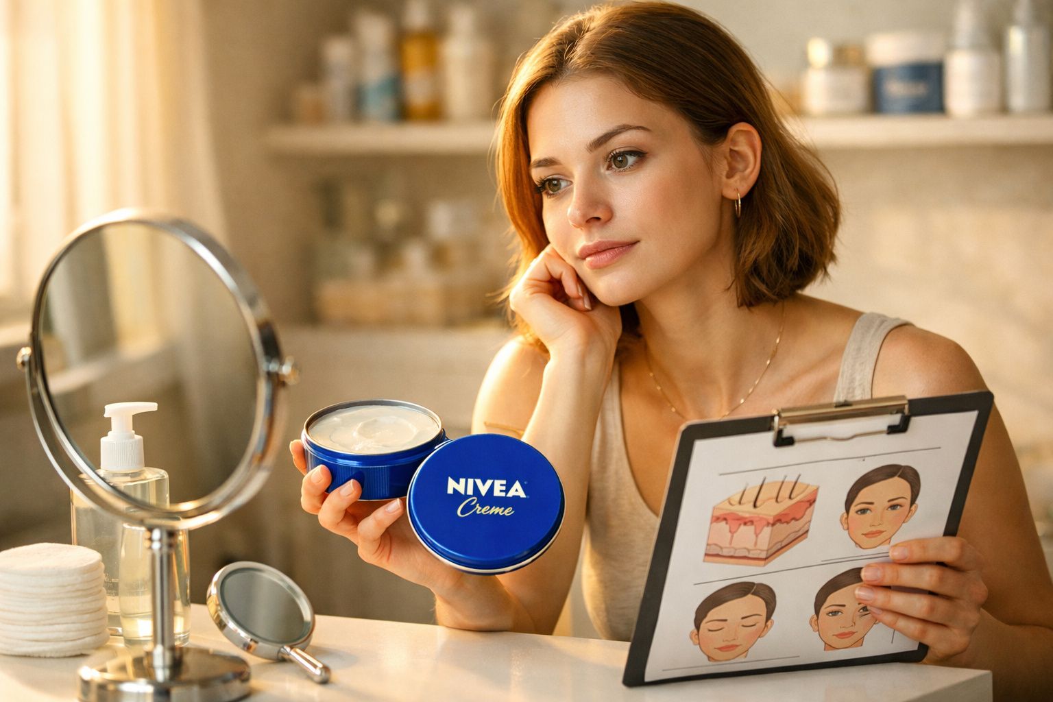 Mulher com creme Nivea na mão, olhando para espelho, com diagrama de cuidados da pele sentado à mesa.