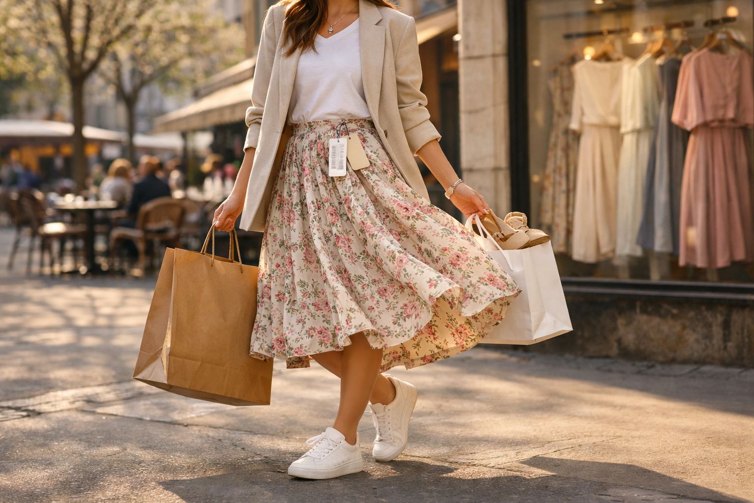 Mulher com saia florida e blazer bege, com sacos de compras, a caminhar numa rua solarenga junto a lojas.
