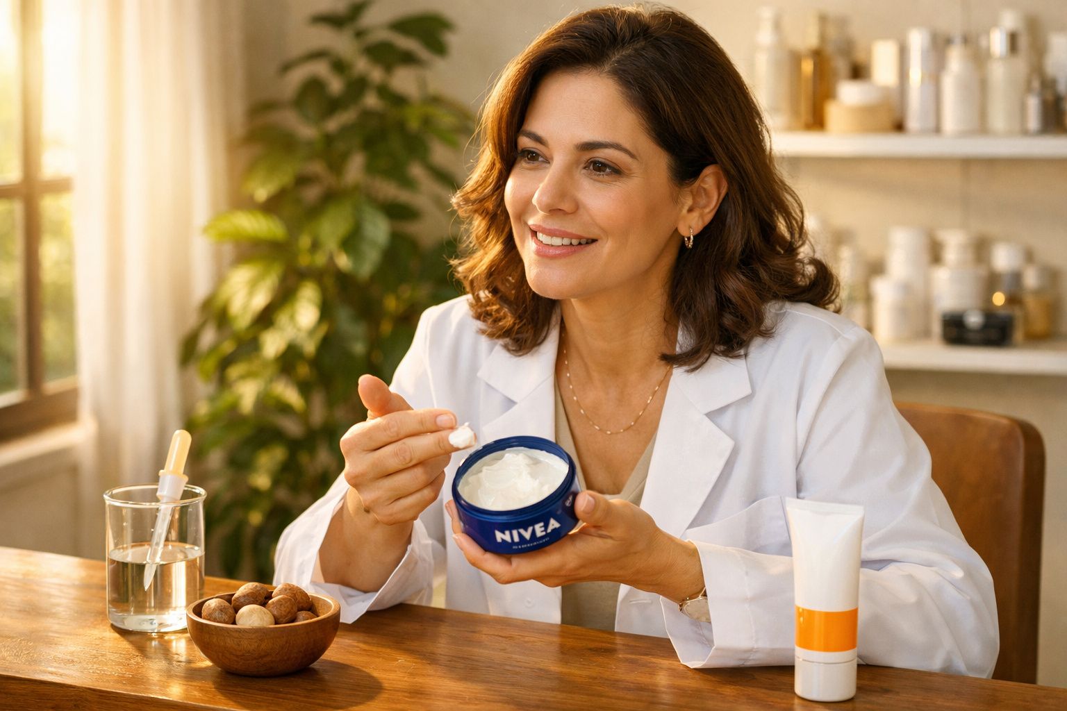 Mulher com bata branca segura pote de creme Nivea e sorri, sentada à mesa com produtos de cuidado.