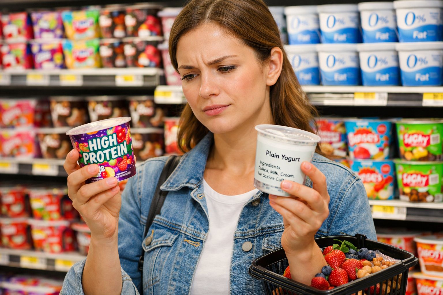 Mulher compara dois iogurtes diferentes na mão, com expressão de dúvida, num supermercado.