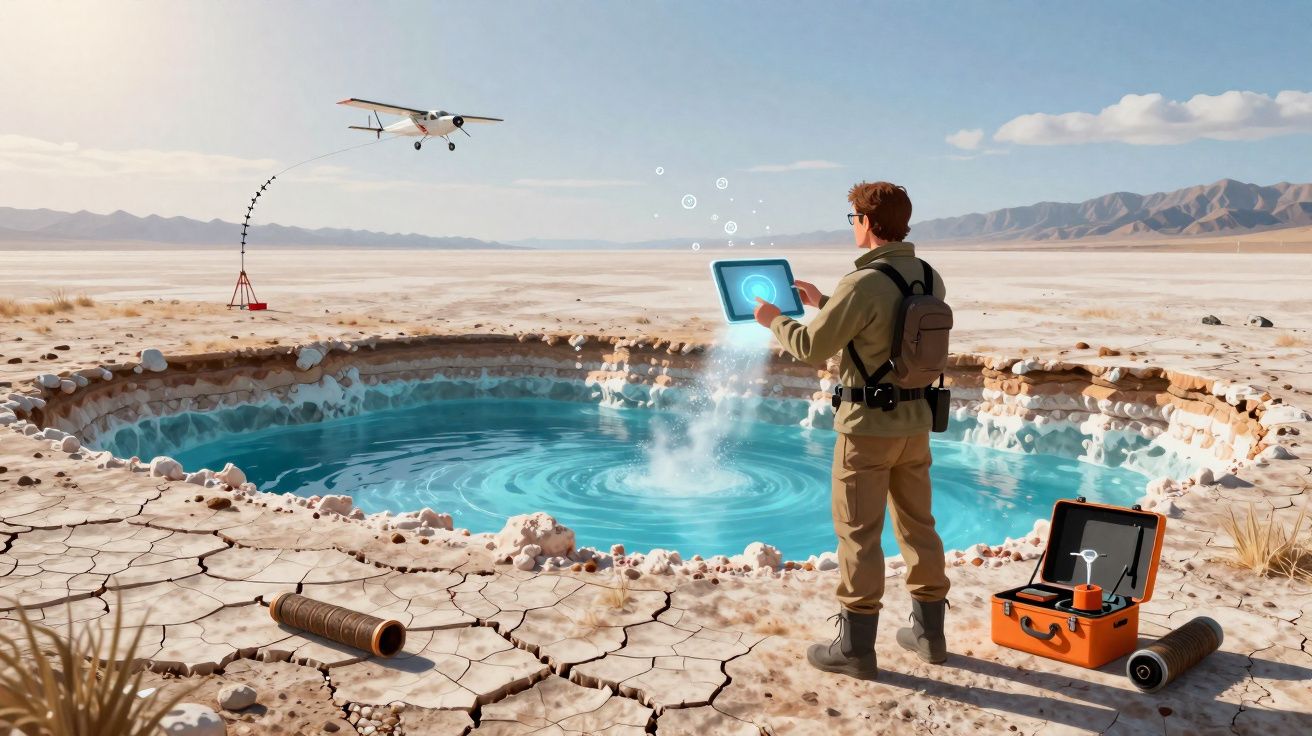 Cientista num deserto a analisar com tablet um lago azul circular, enquanto um avião pequeno voa ao fundo.