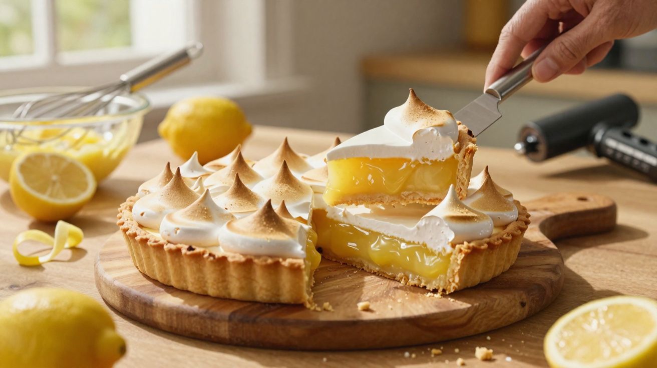 Tarte de limão com merengue tostado a ser cortada, rodeada por limões e utensílios de cozinha.