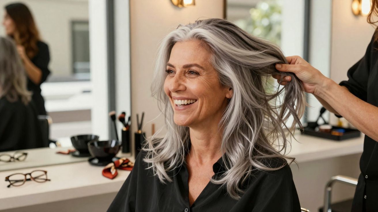 Mulher sorridente com cabelo grisalho sendo tratada por cabeleireira num salão de beleza.