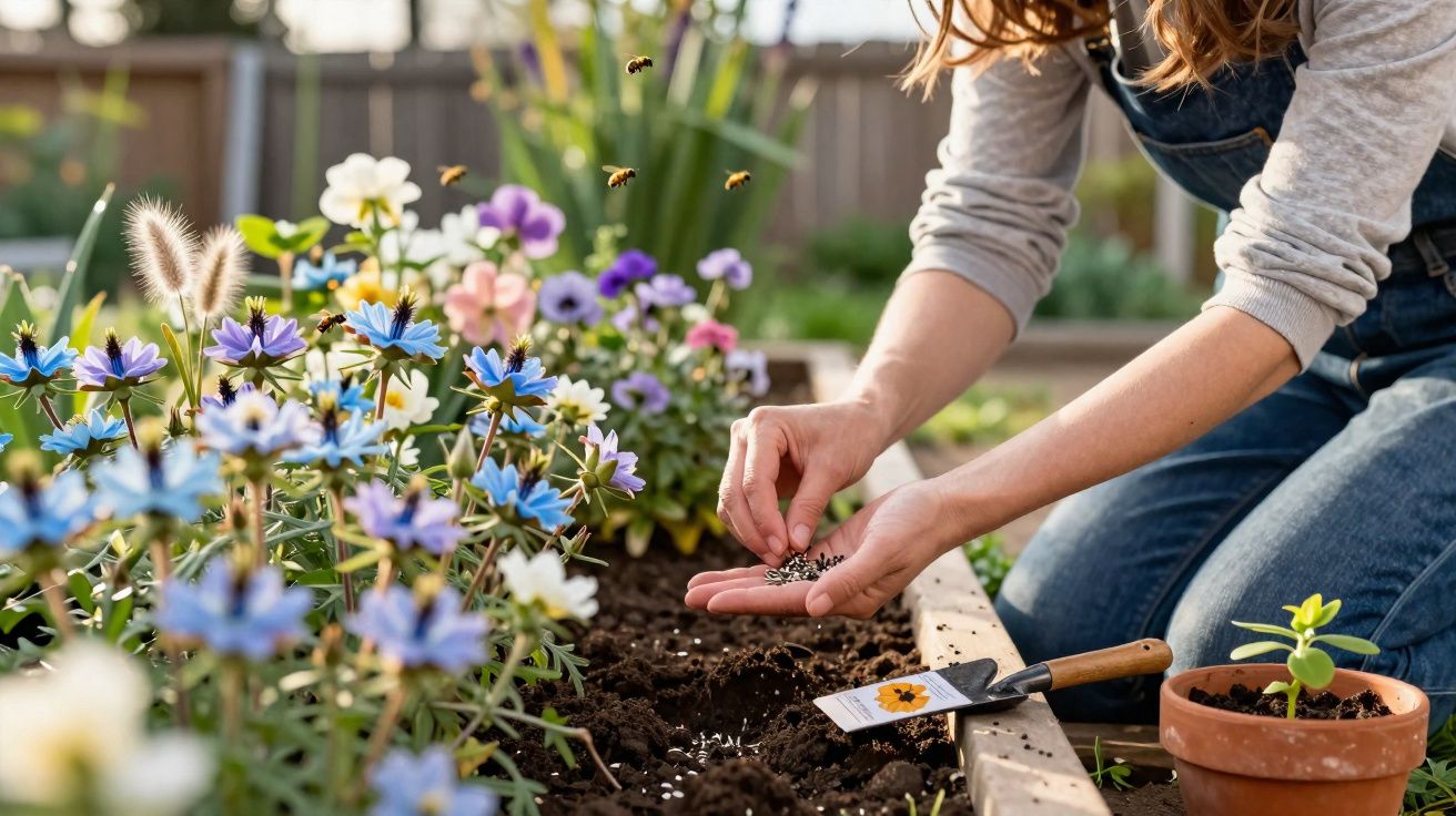 Pessoa a semear flores coloridas num canteiro com várias abelhas a voar ao redor.