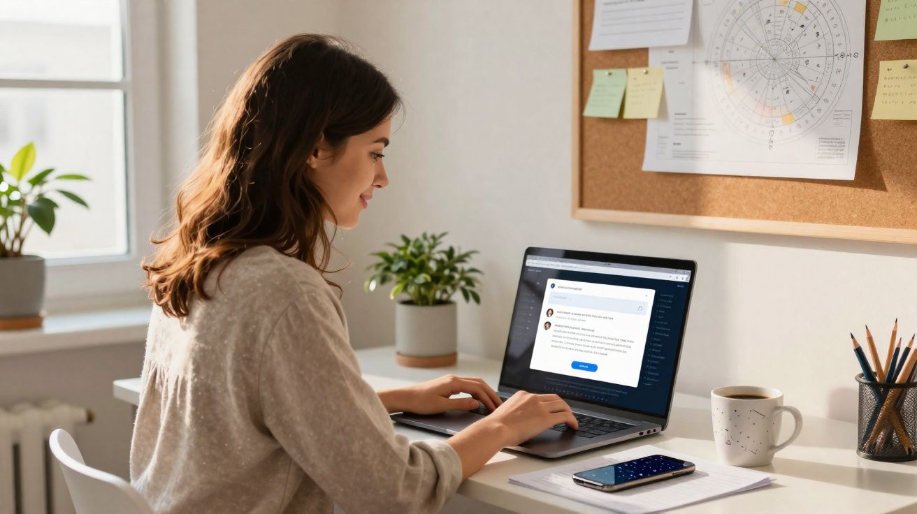 Mulher sentada a usar portátil num escritório com planta, telemóvel, caneca e quadro de cortiça na parede.