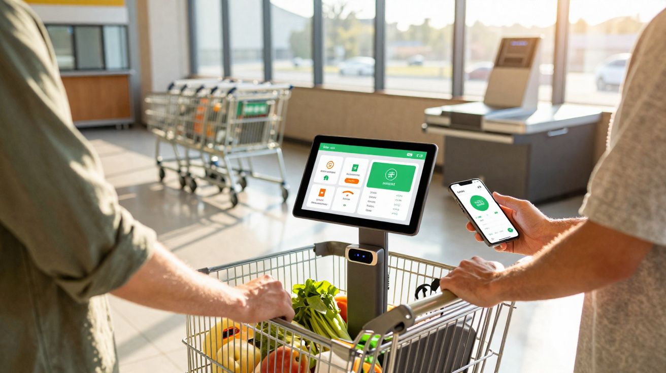 Duas pessoas no supermercado a usar um sistema de pagamento digital num carrinho de compras com legumes frescos.