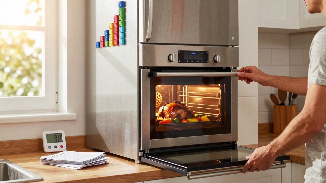 Homem a usar um forno elétrico embutido na cozinha a cozinhar carne assada com legumes.