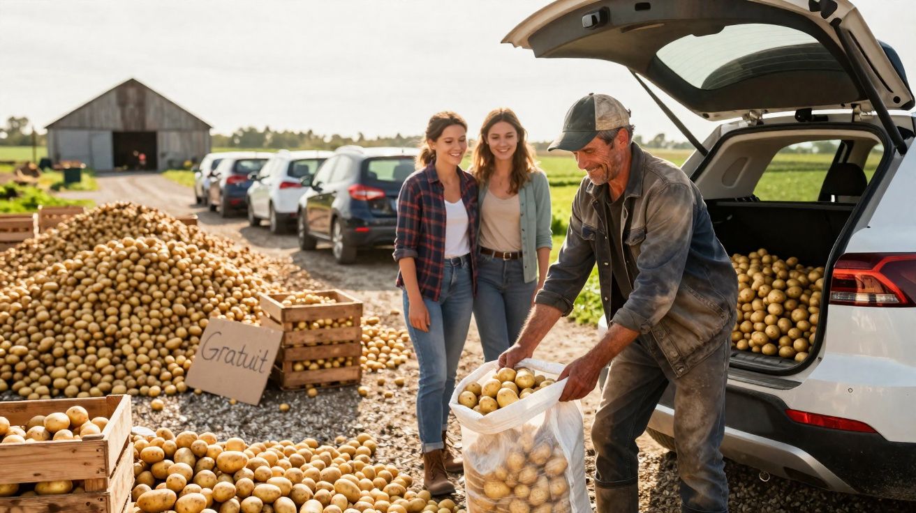 Homem a encher saco com batatas gratuitas para duas mulheres junto a carros numa quinta.